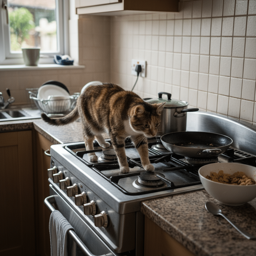 cat walking on a stovetop