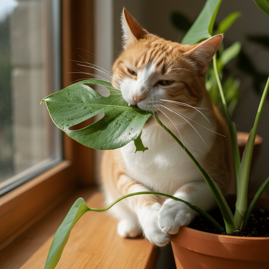 cat chewing on a house plant